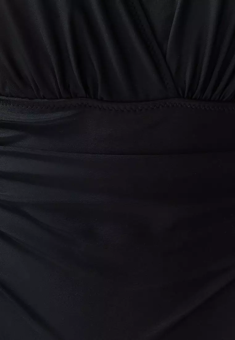 Black Deep V Neck Draped Regular Core Swimsuit