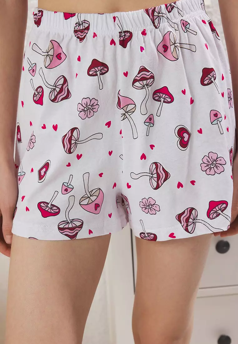 Claret Red 100% Cotton Fun Patterned Shorts Knitted Pajama Set Thmss25Pt00393