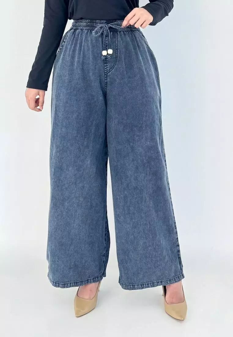 LEZAHRASIGNATURE Palazzo Emily - Celana Panjang Kulot Denim Wanita - Hitam Snow