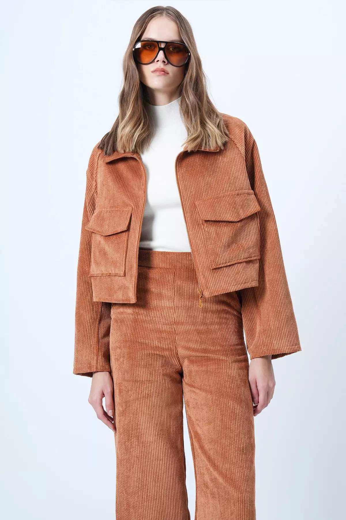 Women'S Tan Double Pocket Raglan Sleeve Velvet Jacket Alc-X14604