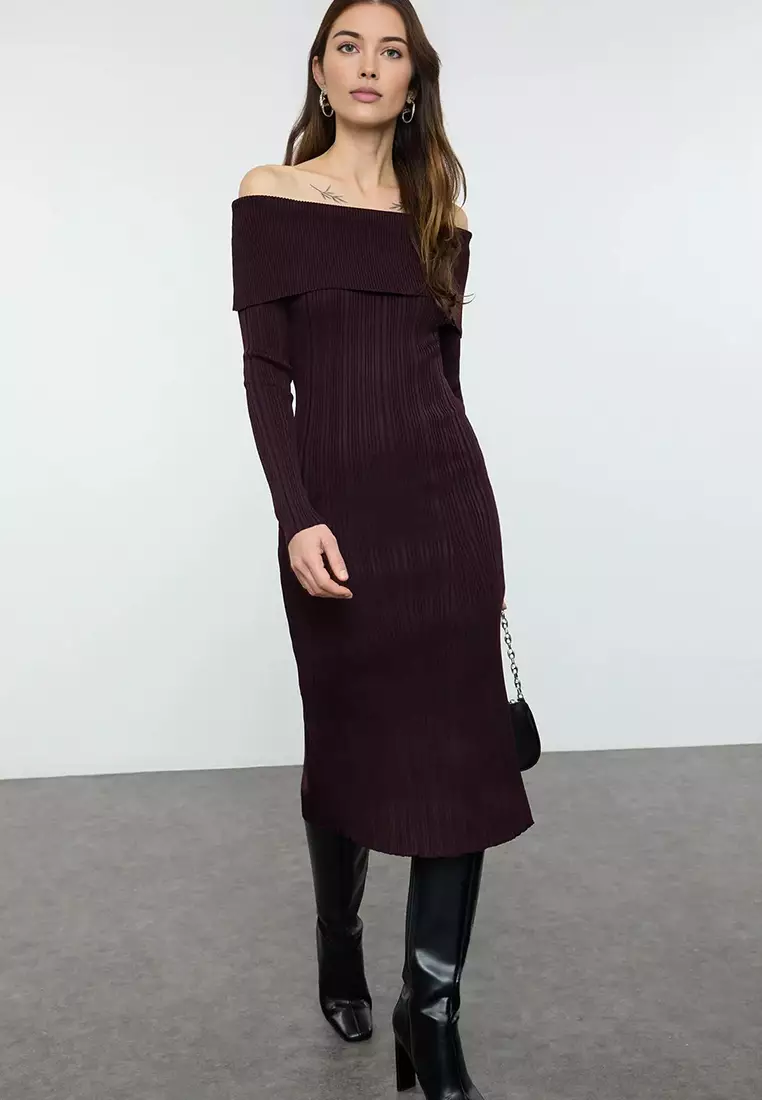 Plum Midi Knit Basic Carmen Collar Dress Twoaw25El00033