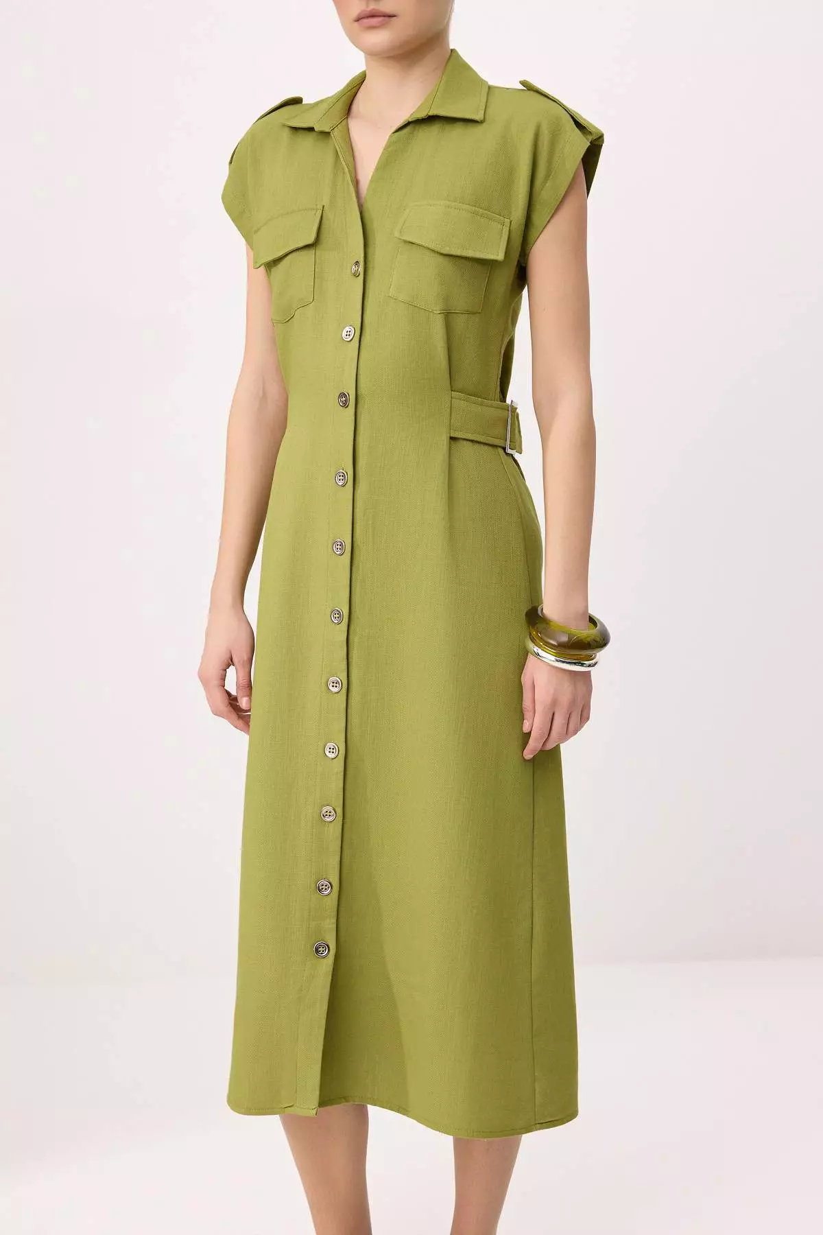 Khaki Accessory Detail Midi Woven Shirt Dress Twoss26El125