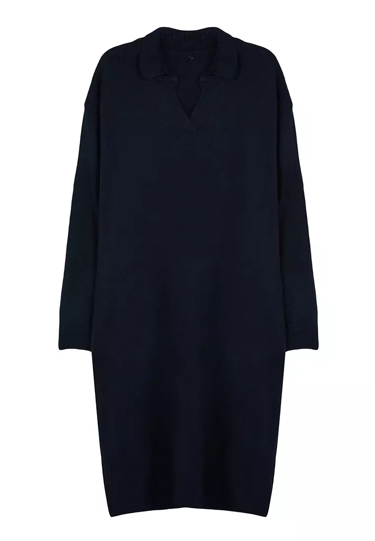Navy Blue More Sustainable Midi Knit Soft Texture Dress TWOAW24EL00520