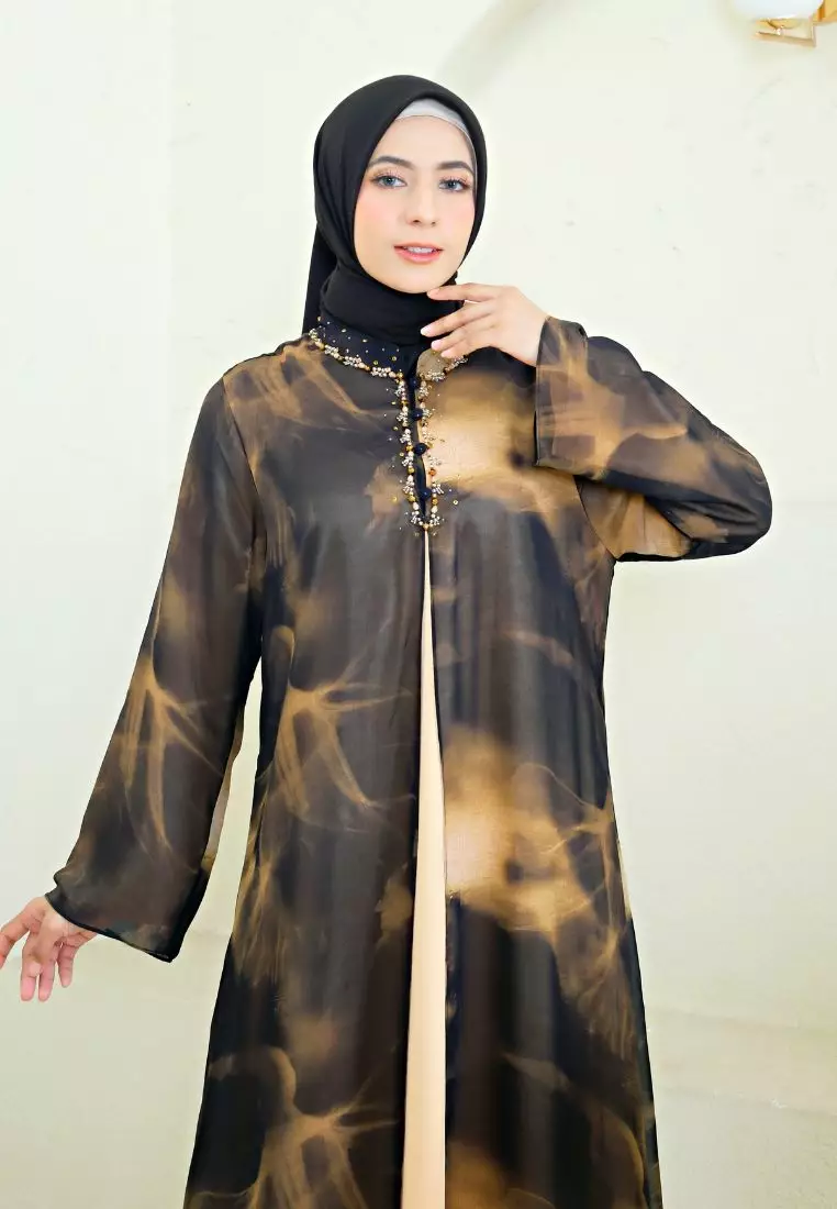 Mosleem Long Dress Abtrack Motif Detail Payet In Black By Brilliant Girl Warna HITAM