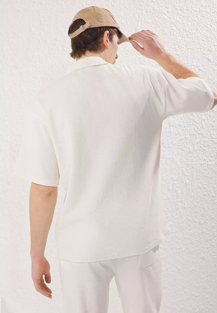 Ecru Oversize/Wide Textured Cut Zippered Polo Neck T-shirt TMNSS25PO00006