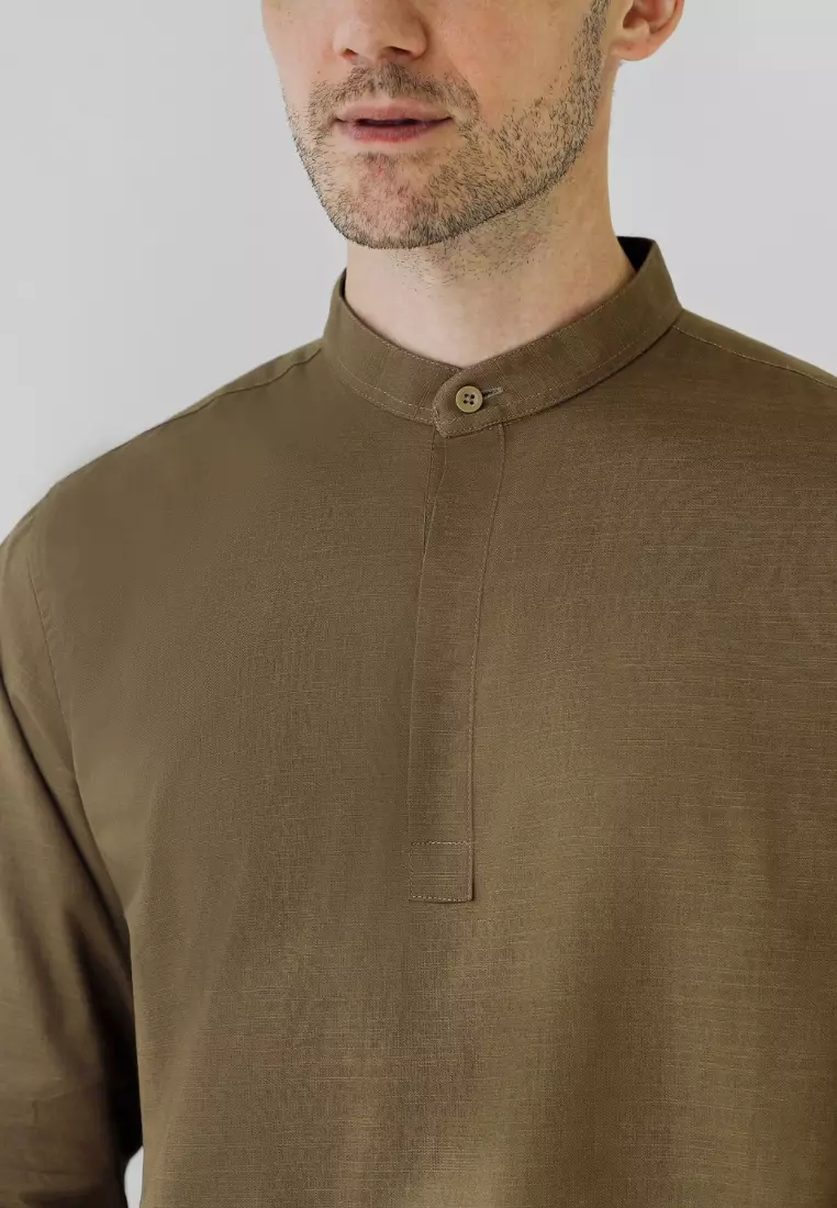 Cotton Well Oman Henley Shirt Olive Brown │Kemeja Koko Basic Lengan Panjang Hijau Coklat