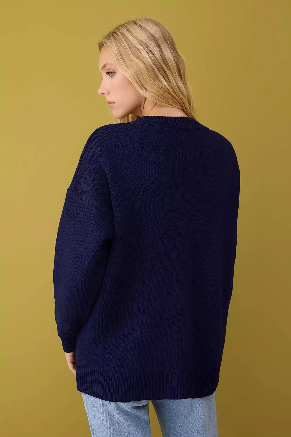 Navy Blue Wide Pattern Basic Knit Cardigan