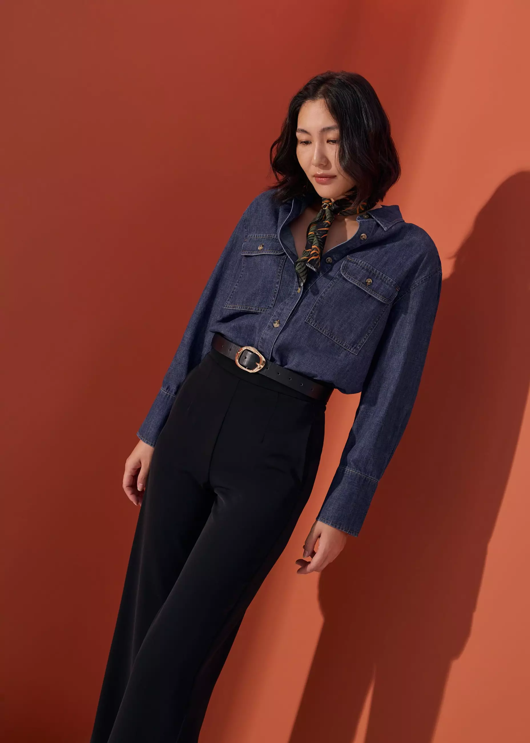 Atasan Wanita - Oversized Denim Drop Shoulder Button Down Shirt