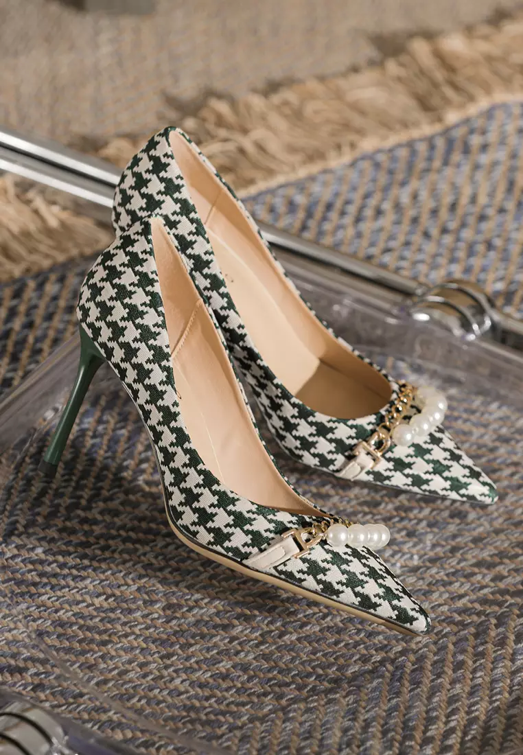 8.5CM Pearl Chain Pointy Plaid Pumps TE7198-7
