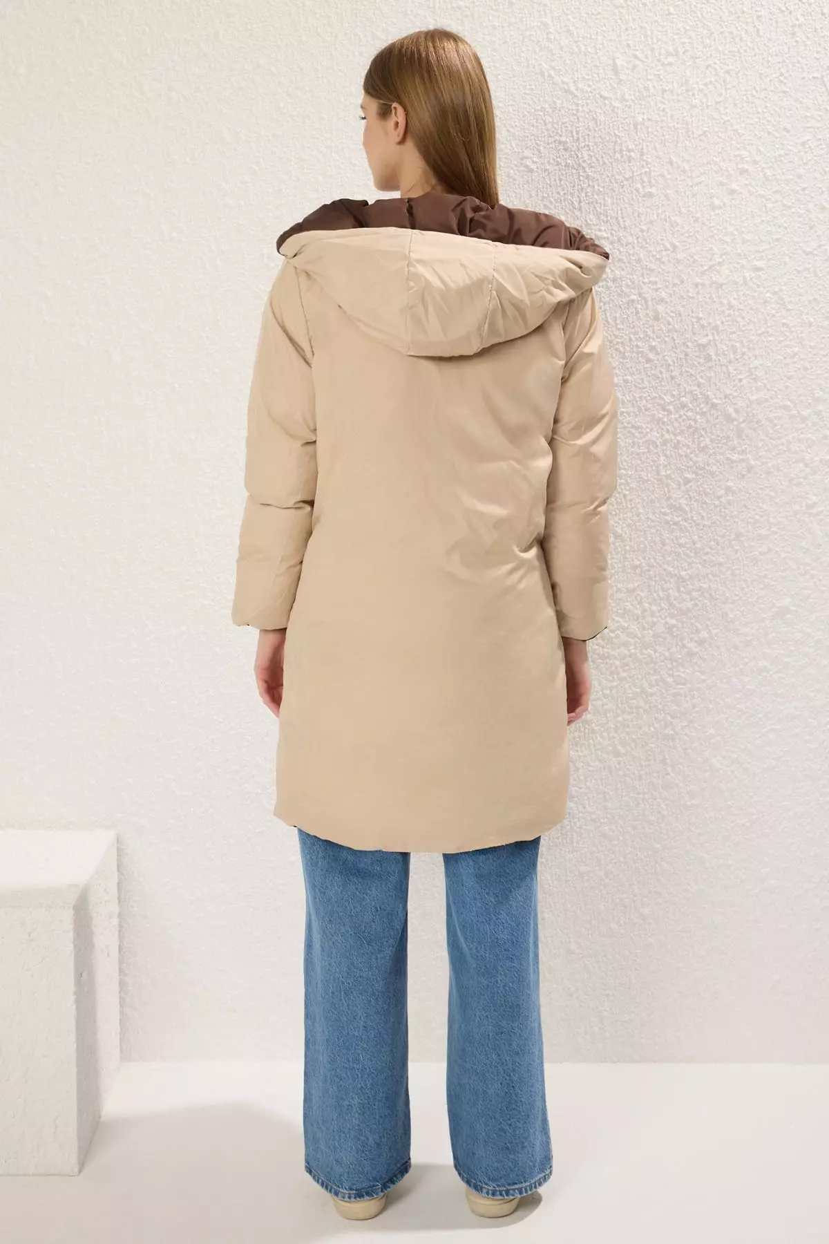 Dark Brown-Ecru Double-Sided Hooded Water Repellent Long Puffer Jacket TWOAW23MO00052