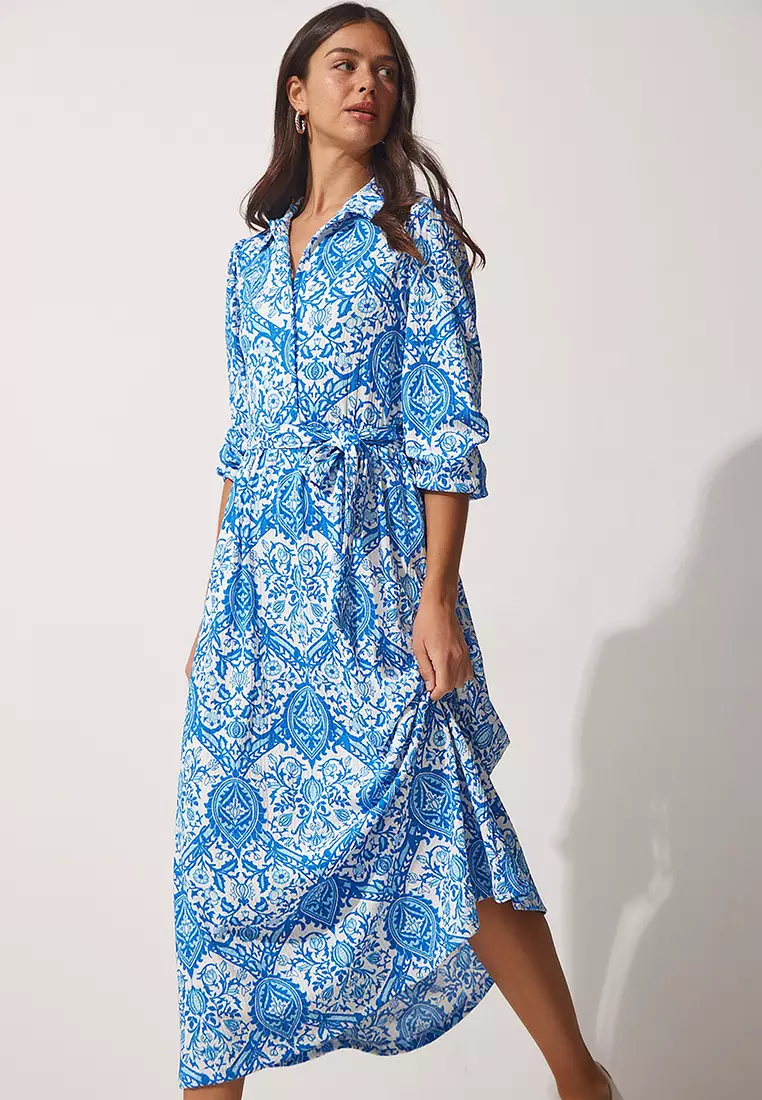 Patterned Long Summer Knitted Shirt Dress