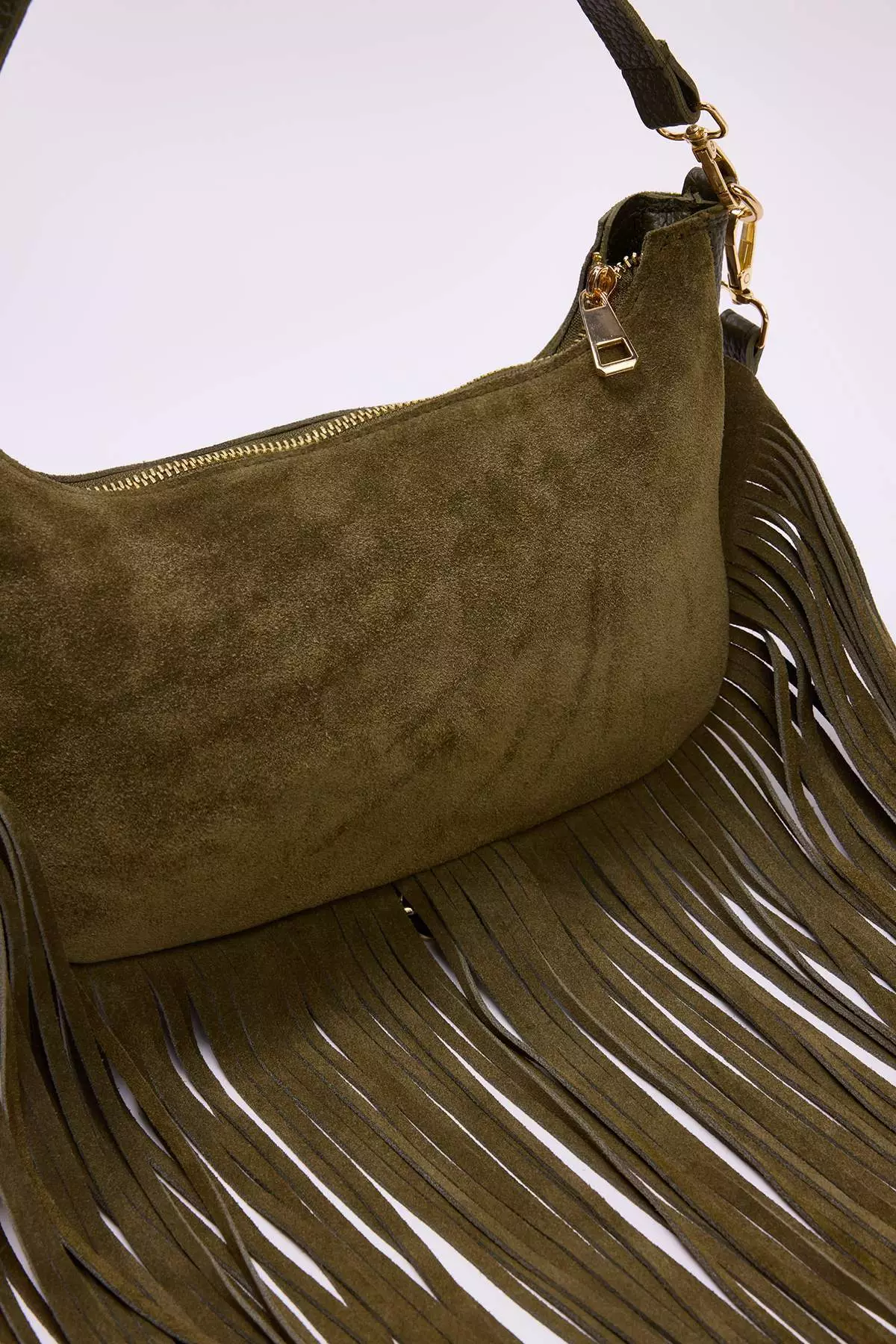 Khaki Tassel Detailed Premium Genuine Leather Women'S Shoulder Bag Takaw26Oc00044