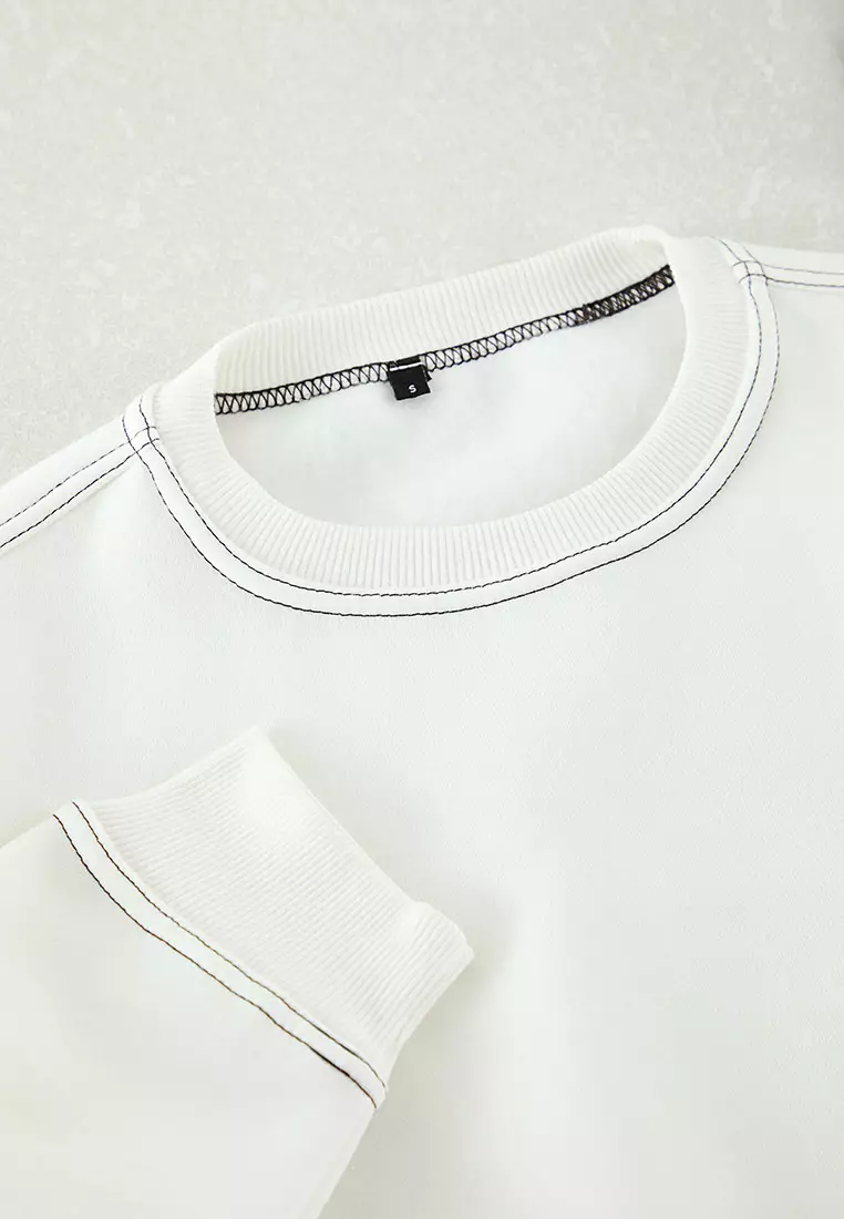Ecru Fleece Oversize Sweatshirt - Crew Neck, Stitching Detail Tmnaw24Sw00011