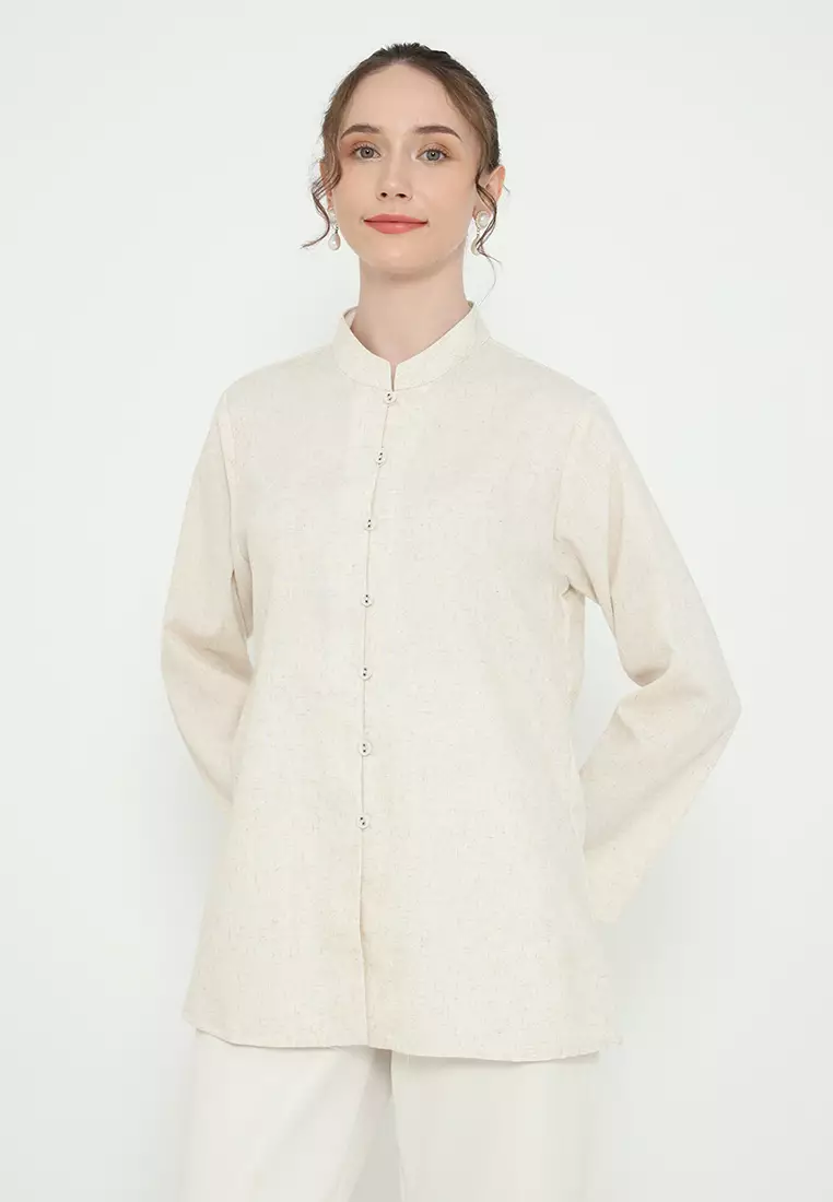 Shirt Cream Linen Long Sleeve Simple Elegan Arlette By Brilliant girl Warna Cream