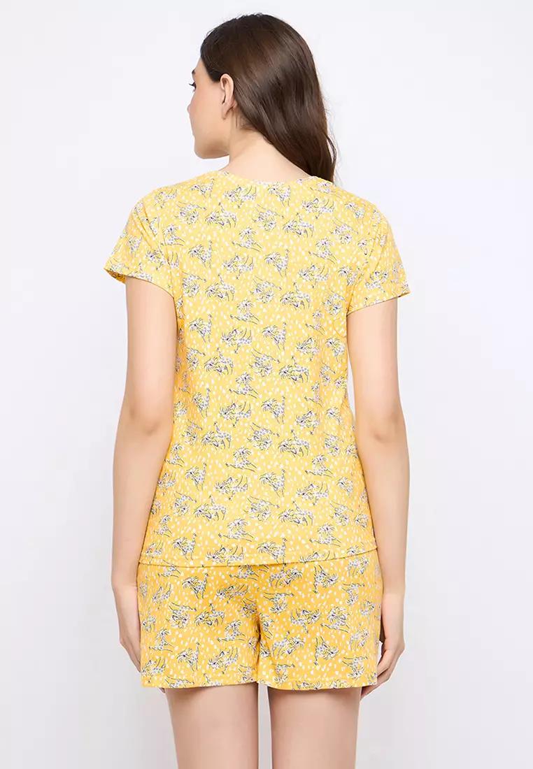 Clovia Printed Top & Shorts Set in Light Yellow- 100% Cotton