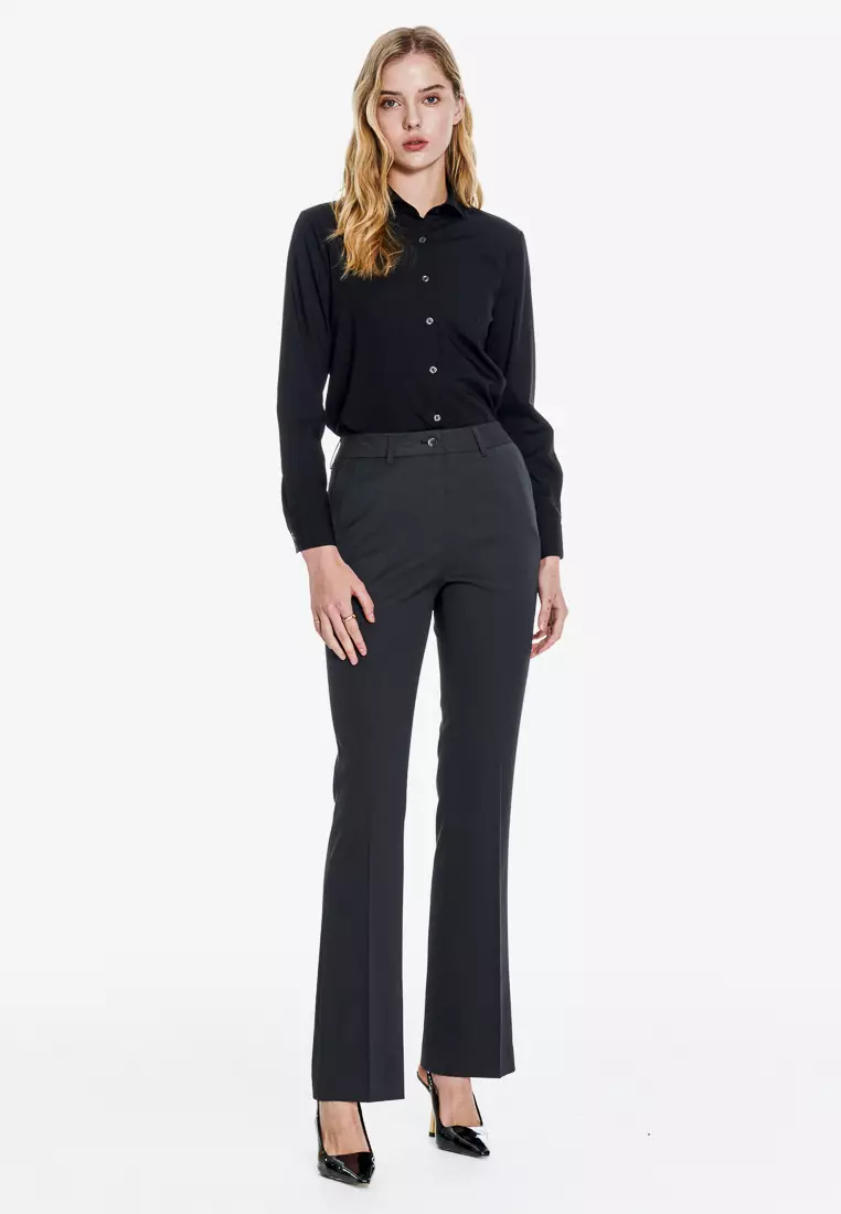 黑色一字領標準版長袖襯衫