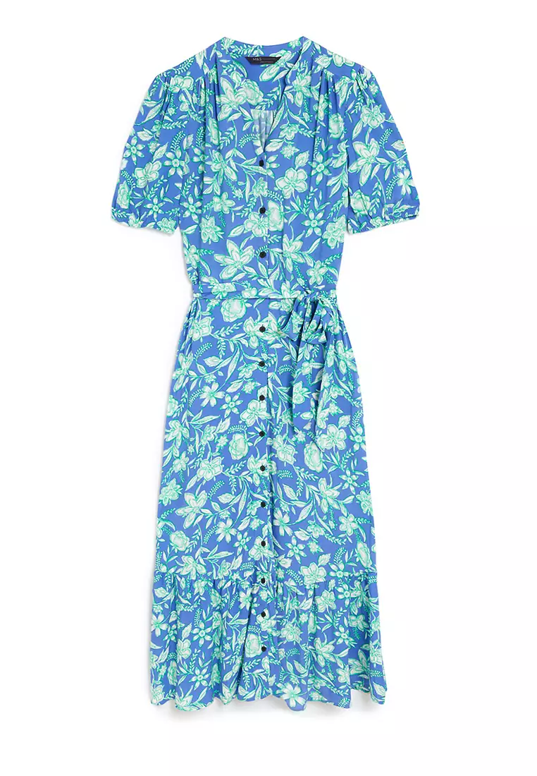 Printed Round Neck Belted Midi Shirt Dress