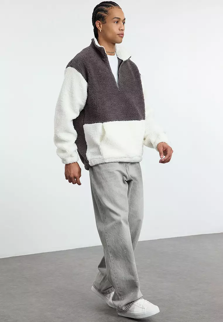 Smoke Unisex Oversize/Wide Cut Color Block Stand Collar Warm Plush Sweatshirt TMNAW25SW00148