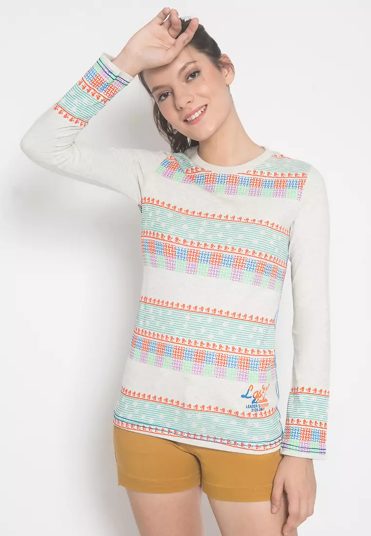 LGS - Slim Fit - Kaos Wanita - Putih - Motif Multi Warna - Lengan Panjang