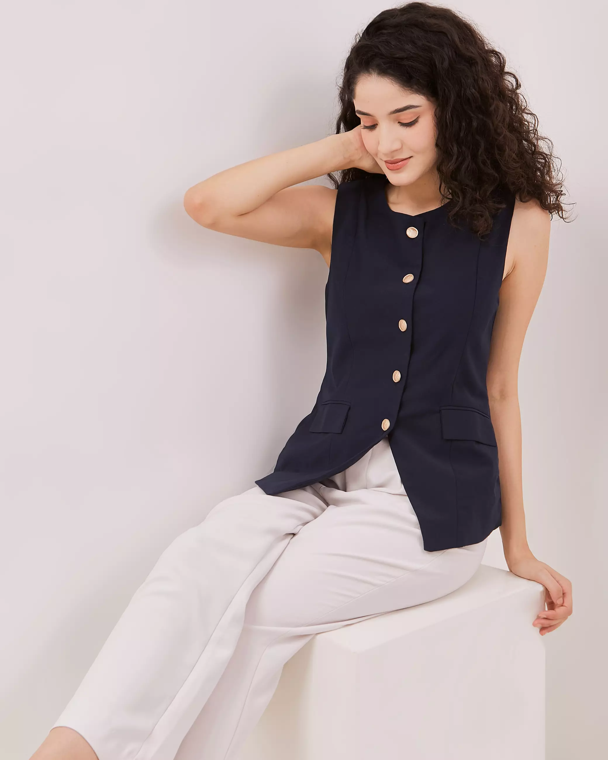 Urban Exchange Aruna Navy Vest Sleeveless - Sleeveless Outer Atasan Vest Navy Warna Navy