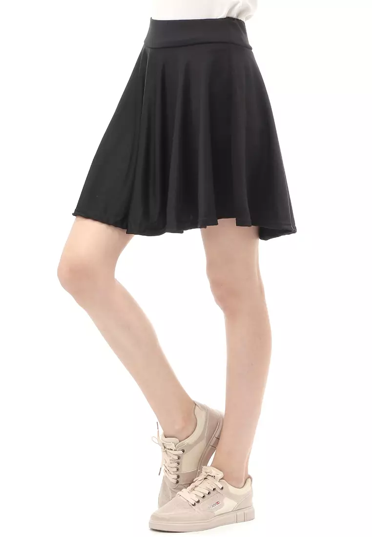 Rok Midi Bawahan Wanita Motif Solid Casual Relaxed Fit - Black