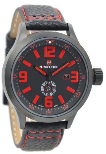 Naviforce NF9057MB Jam Tangan Pria Leather Strap Hitam Kombinasi Merah