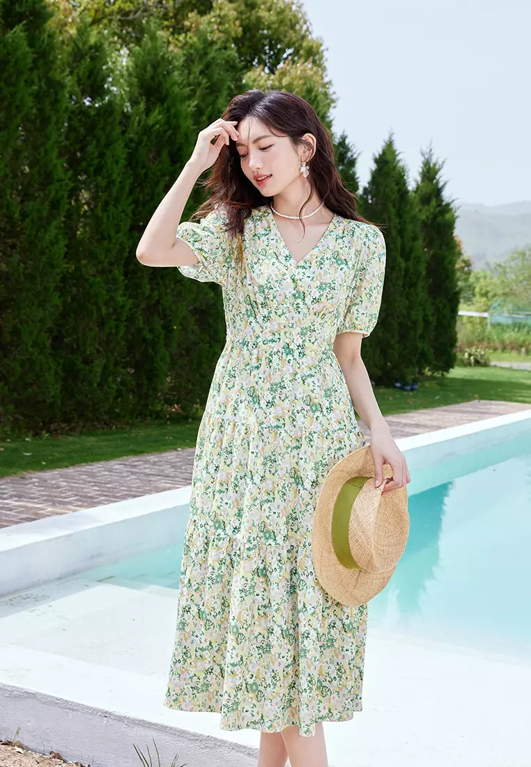 Puff Sleeve V-Neck Floral Summer Floral Dress