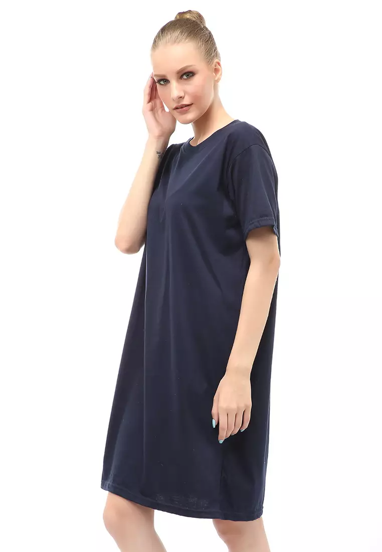 Finch Midi Dress Wanita Short Sleeves Motif Polos - Navy