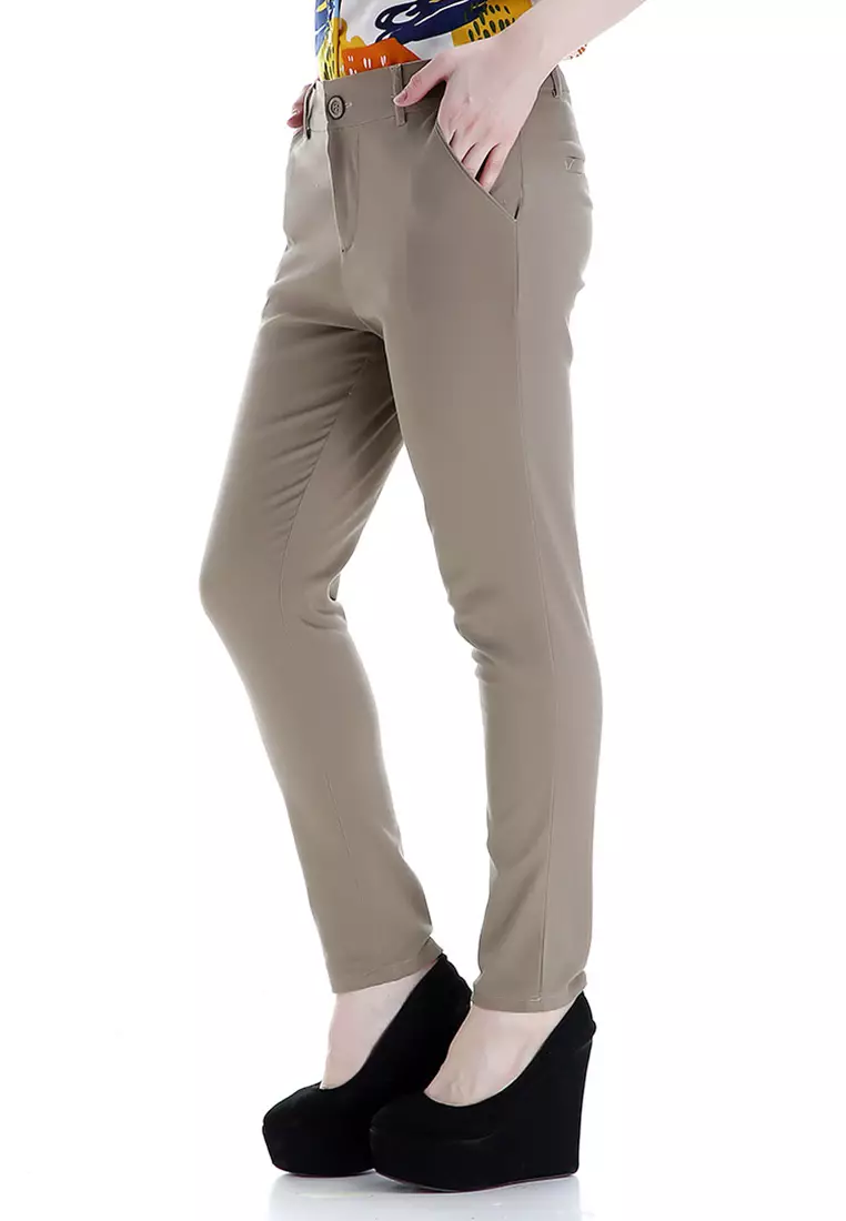 Tinsley Celana Chino Bawahan Wanita Kasual Motif Solid Long Pants Woman - Mocca