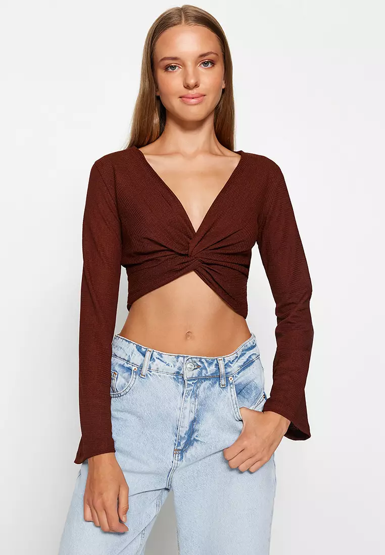 Buy Trendyol Brown V-Neck Spanish Knitted Knitted Blouse with