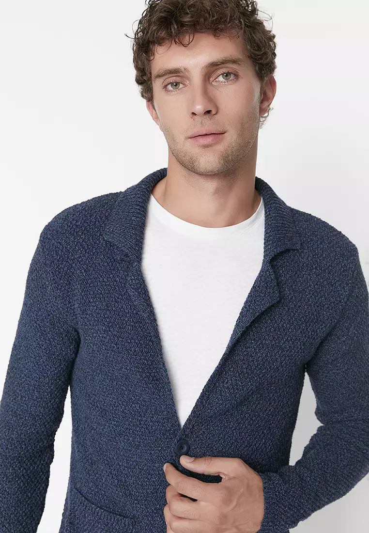 Slim Fit Jacket Collar Textured Pocket Knitwear Cardigan
