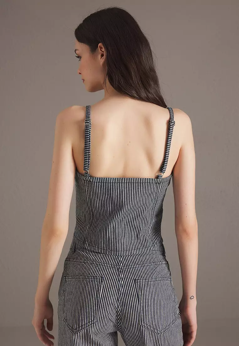 Dark Blue Striped Ribbon/Bow Detailed Thin Strap Denim Blouse Twoss25Bz00480