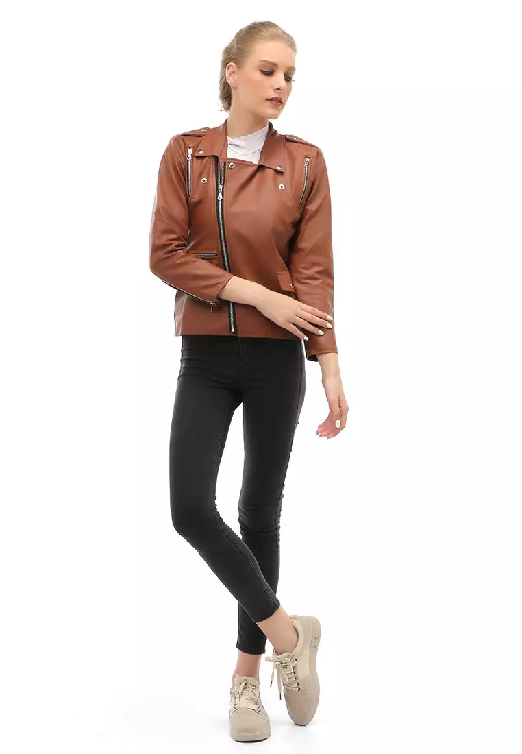 Glenice Jaket Kulit Casual Wanita Windproof Stylish Design Material Leather ORIGINAL - Brown