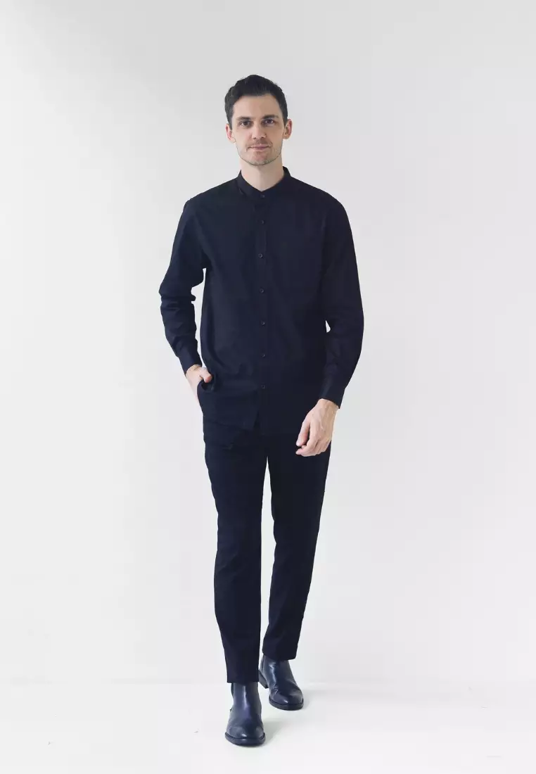 Cotton Well Badr Stand Collar Shirt Black | Kemeja Koko Lengan Panjang Hitam