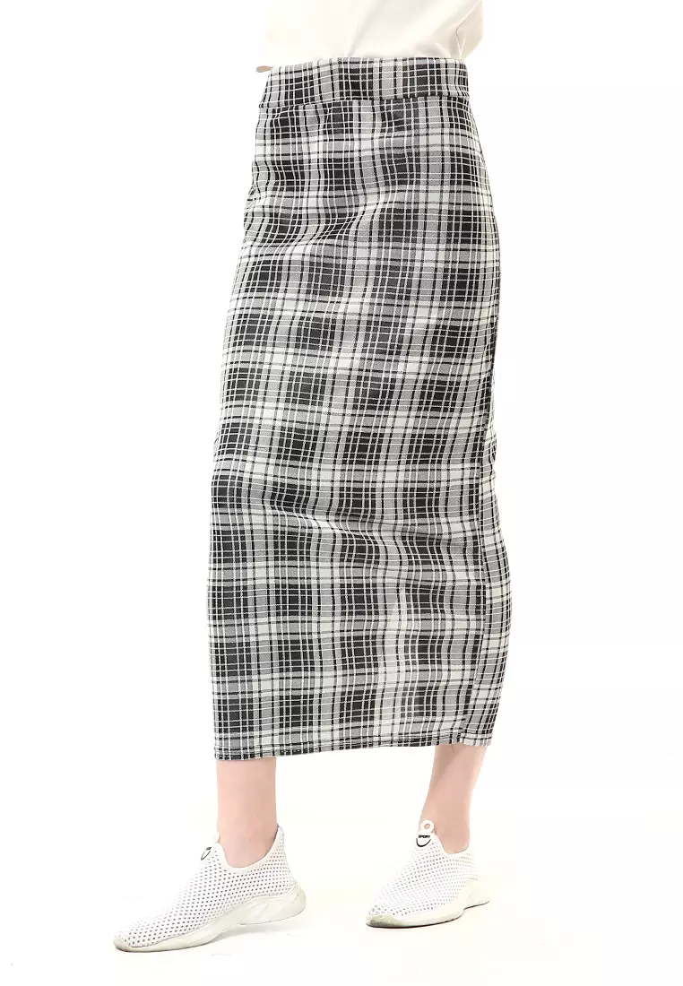 Malina Rok Span Tartan Bawahan Wanita All Size Motif Kotak High Quality - Putih
