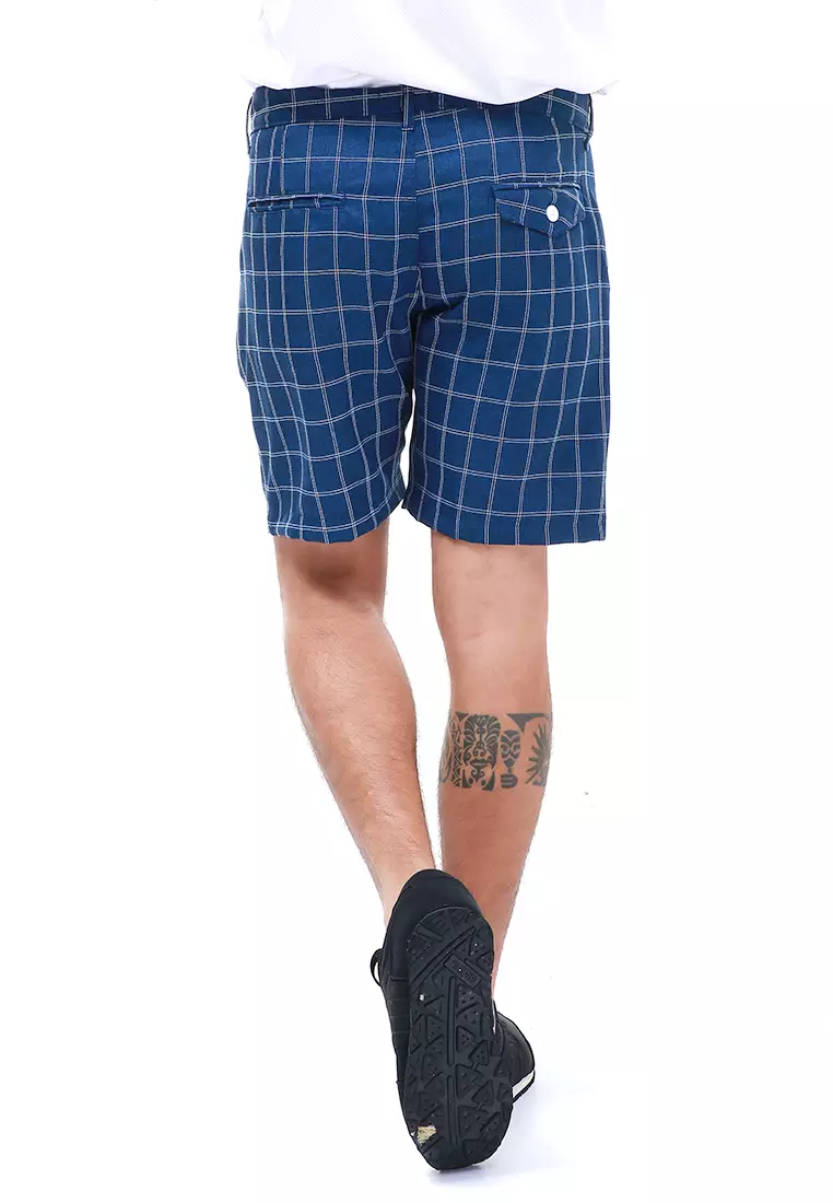 Rissham Celana Pendek Chino Pria Motif Tartan Casual Short Pants Material Cotton ORIGINAL - Navy