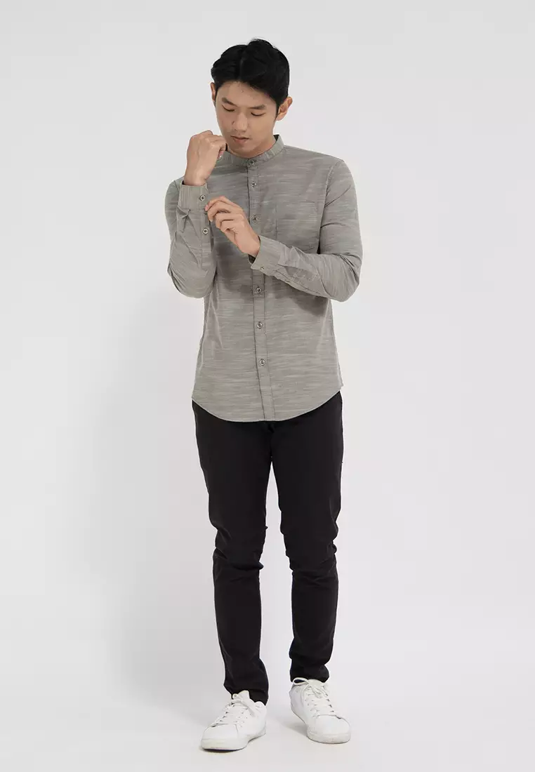 Kemeja collarless koko Slub olive OXCON TwoTone Sage