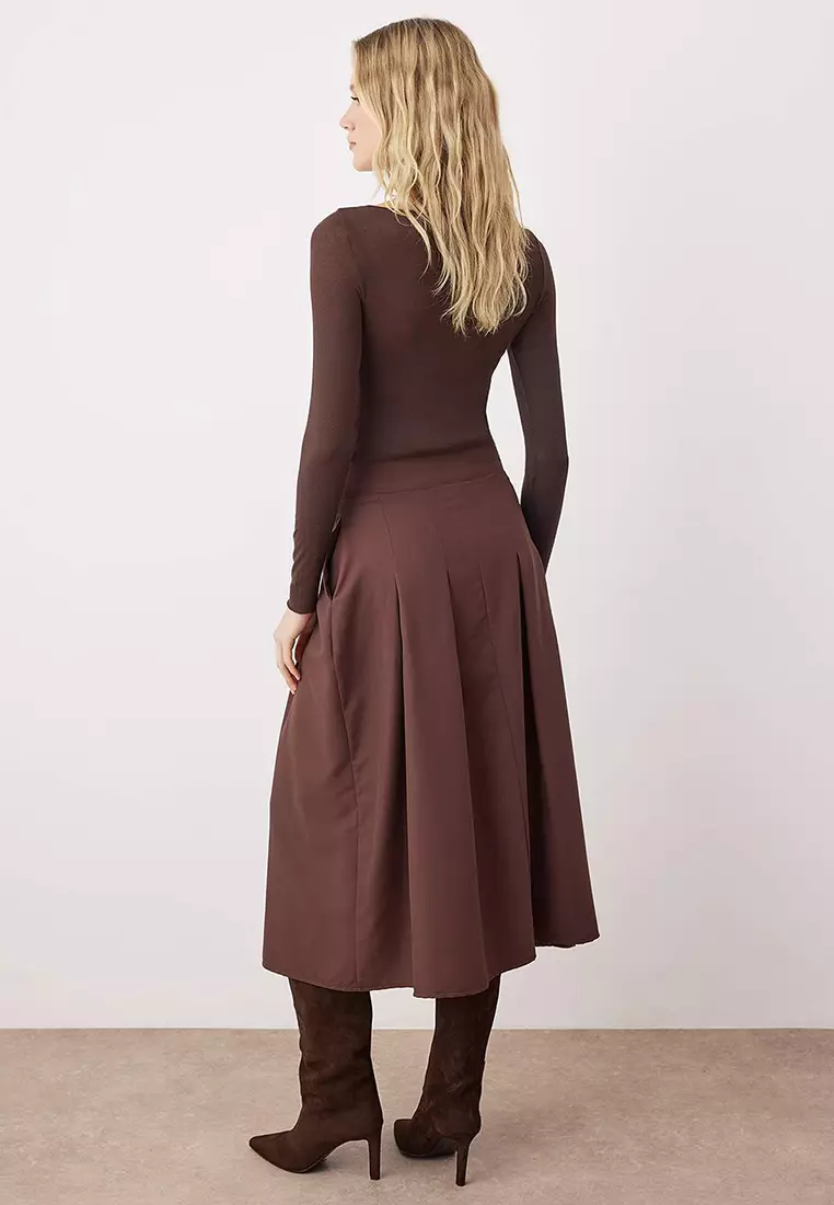 Dark Brown Pleated Detailed Front Buttoned Midi Length Woven Skirt