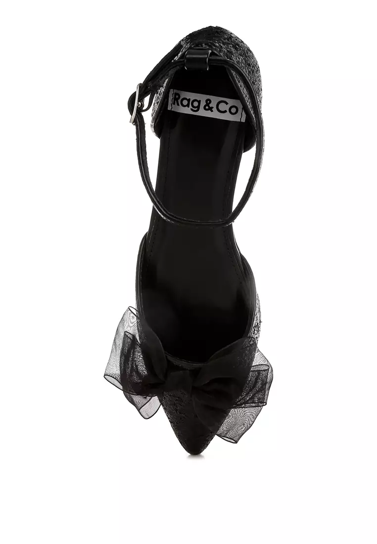 Sheer Bow Detail Glitter Flat Sandals in Black