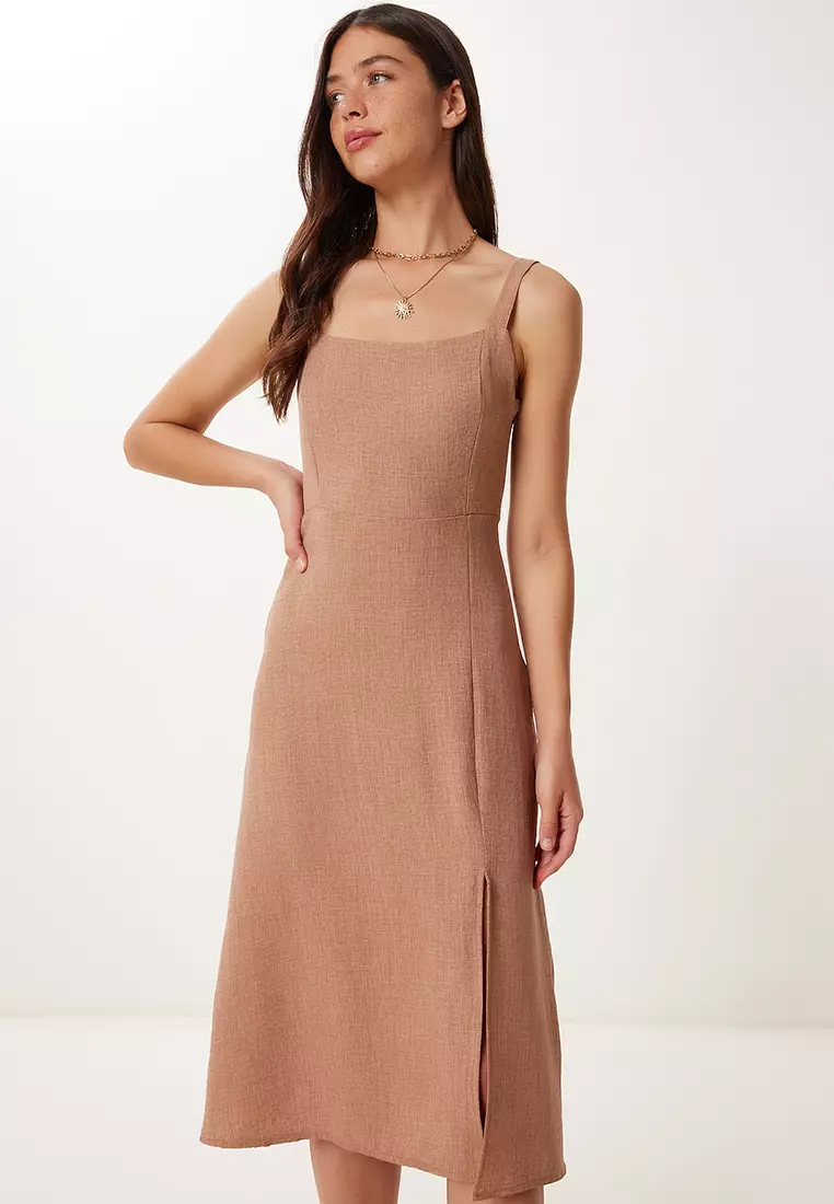 Women's Biscuit Strap Linen Blend Summer Woven Dress Zh00053