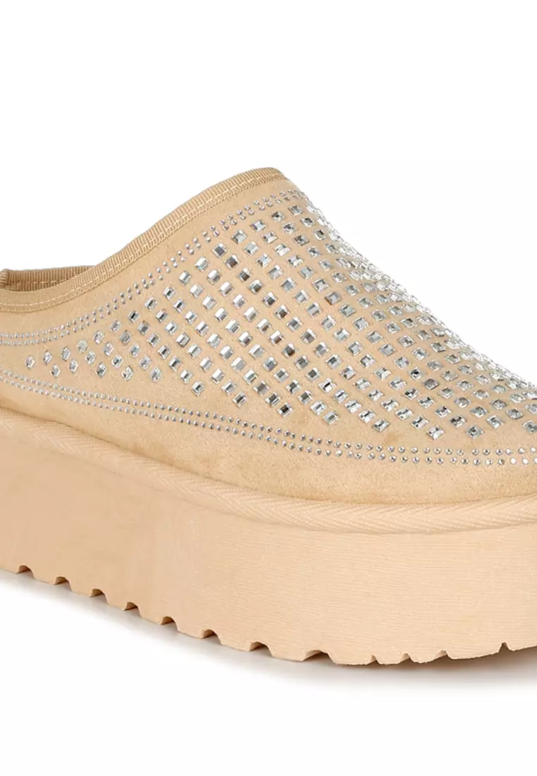 Beige Rhinestones Embellished Platform Classic Slip-On