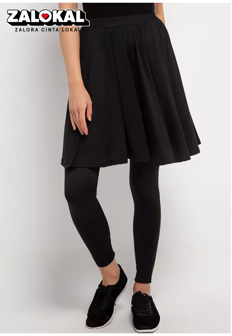 LB058 Leging Rok Olahraga Dual Layer (2-In-1) Hitam