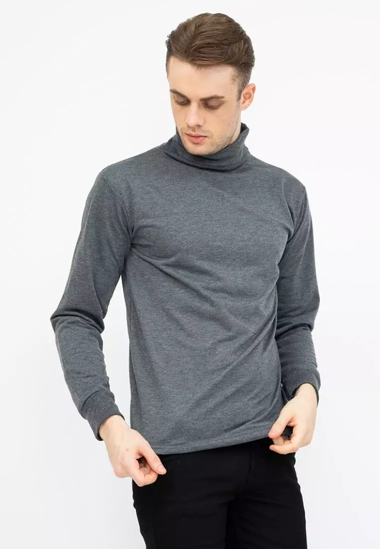 Turtle Neck pria lengan panjang abu tua kaos kerah tinggi slim fit houseofcuff