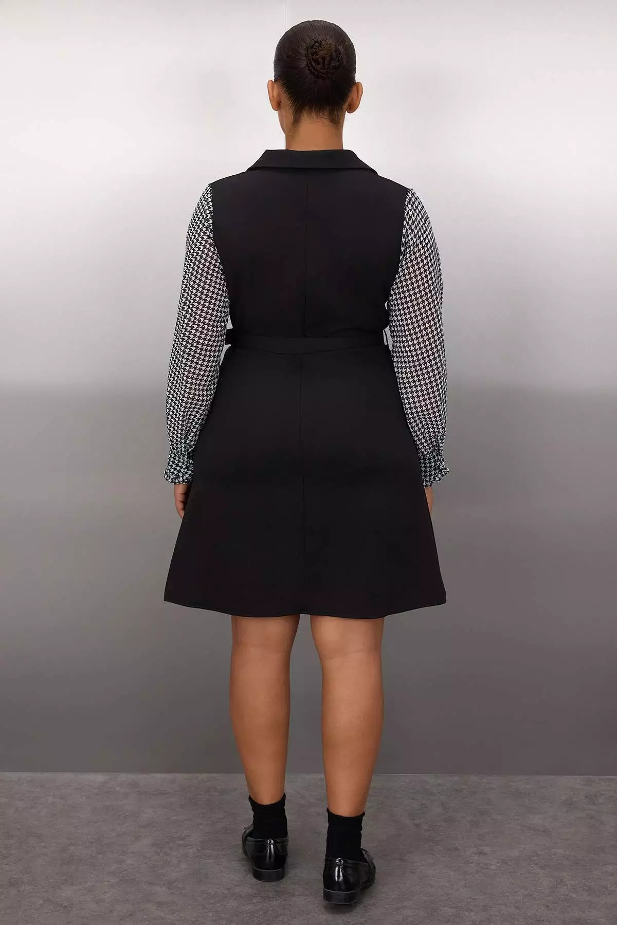 Black Belted Sleeves Houndstooth Mini Woven Plus Size Dress Tbbaw26Ah00031