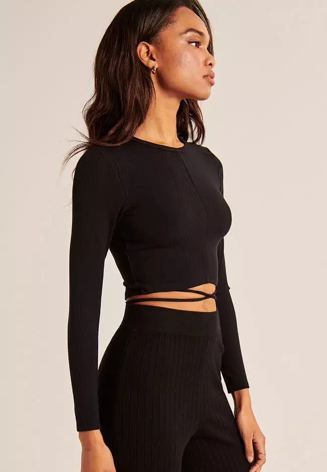 Hollister short sleeve strappy wrap crop top in black