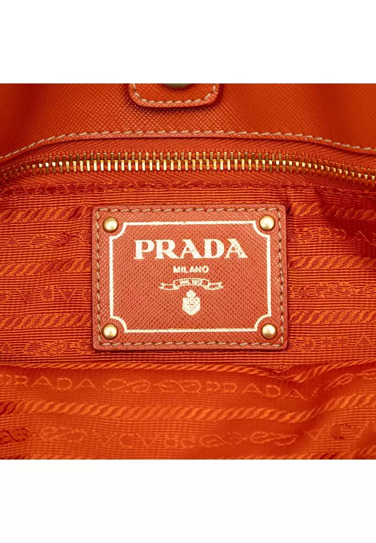 Pre-Loved Prada Saffiano Trimmed Tessuto Logo Oro Satchel