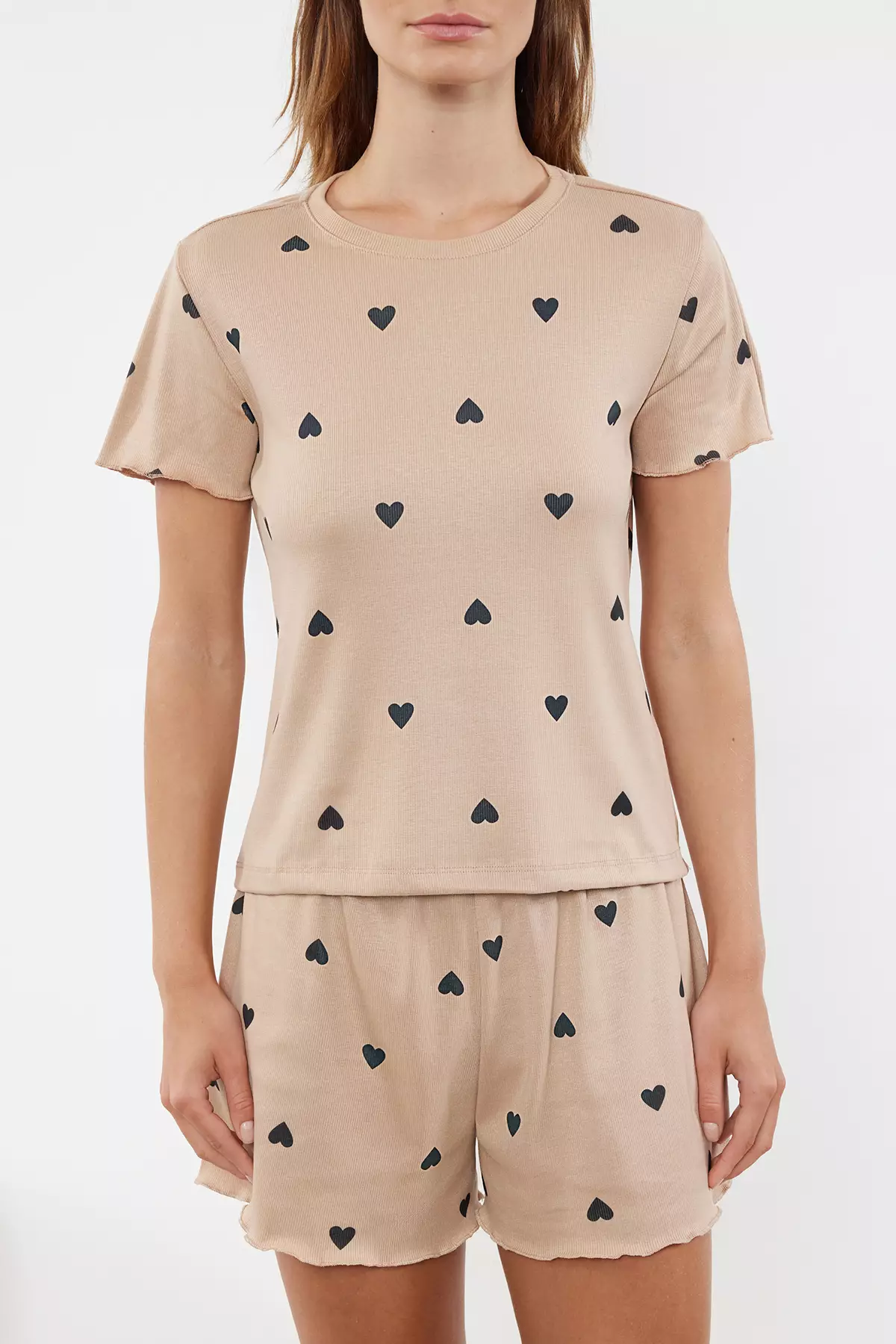 Beige Heart Slogan Printed Elastic Ribbed Shorts Knitted Pajama Set THMSS24PT00220