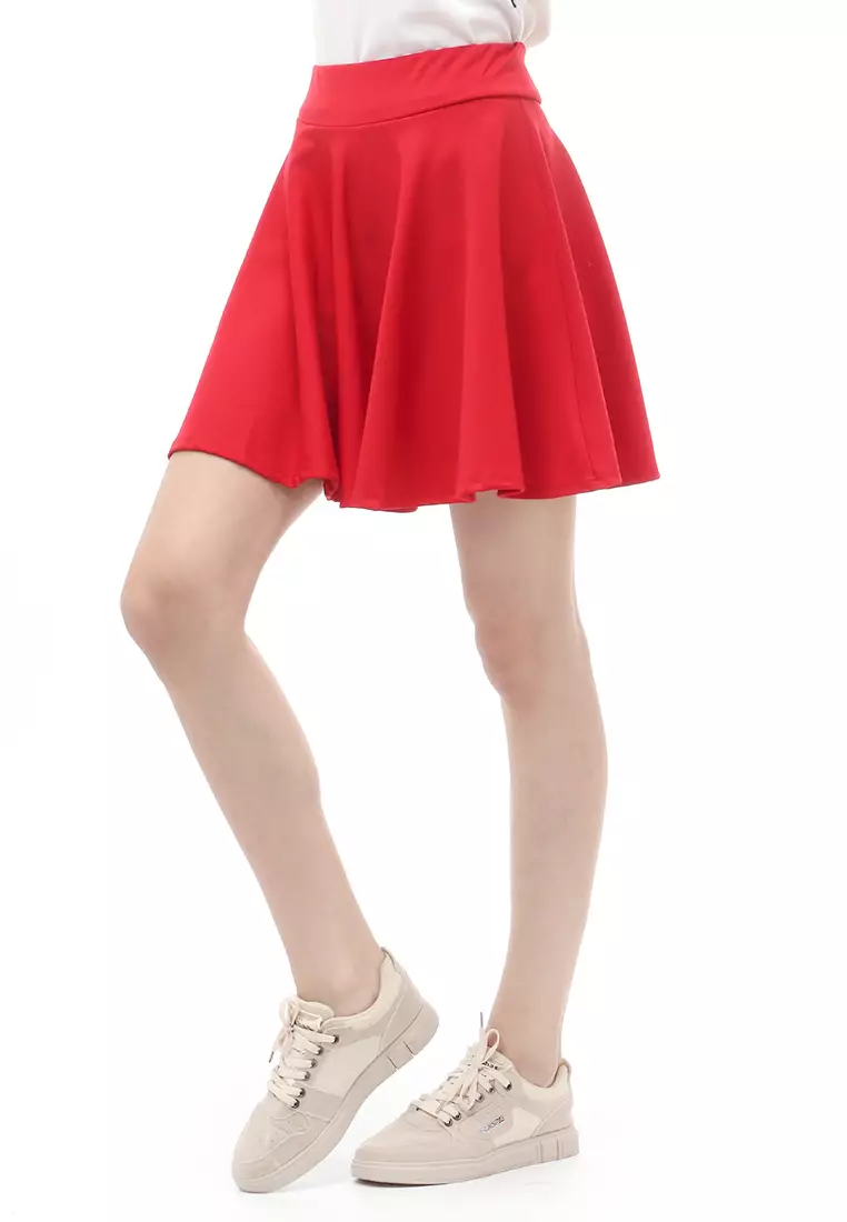 Rok Midi Bawahan Wanita Motif Solid Casual Relaxed Fit - Red