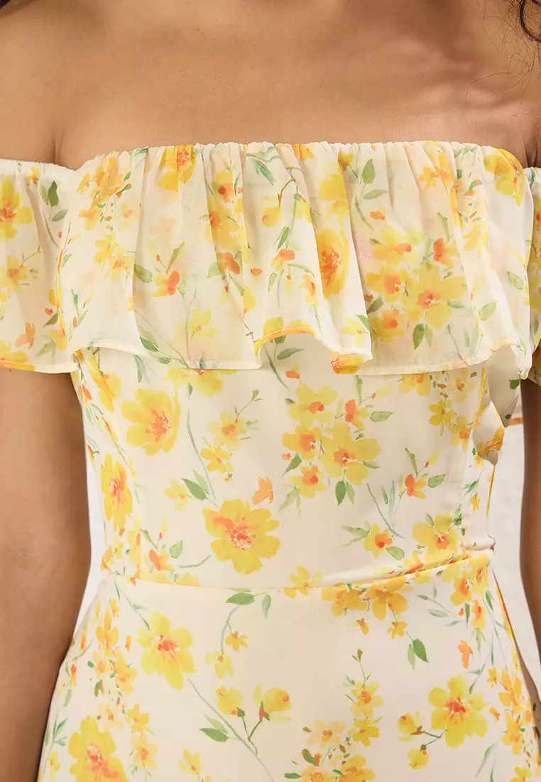 Yellow Floral Skirt Waist Opening Ruffle Chiffon Flight Flight Midi Dress