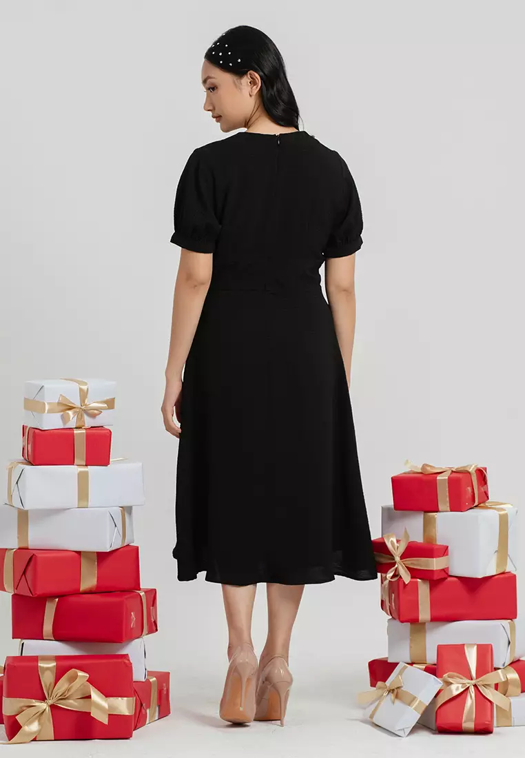 Mary V Neck Puff Sleeve Dress in Black